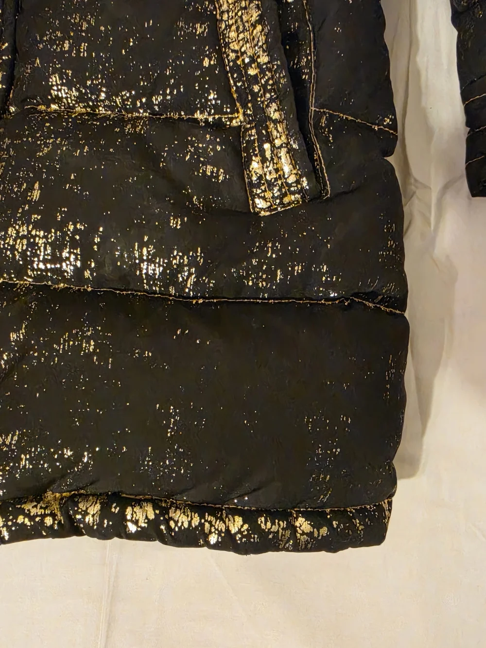 Appaman Girls Size 7 Black Gold Foil Long Puffer Coat Hooded Metallic